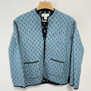 ORVIS Quilted Jacket Reversible Blue Black Mandarin Button Up Boho Floral Sz XL